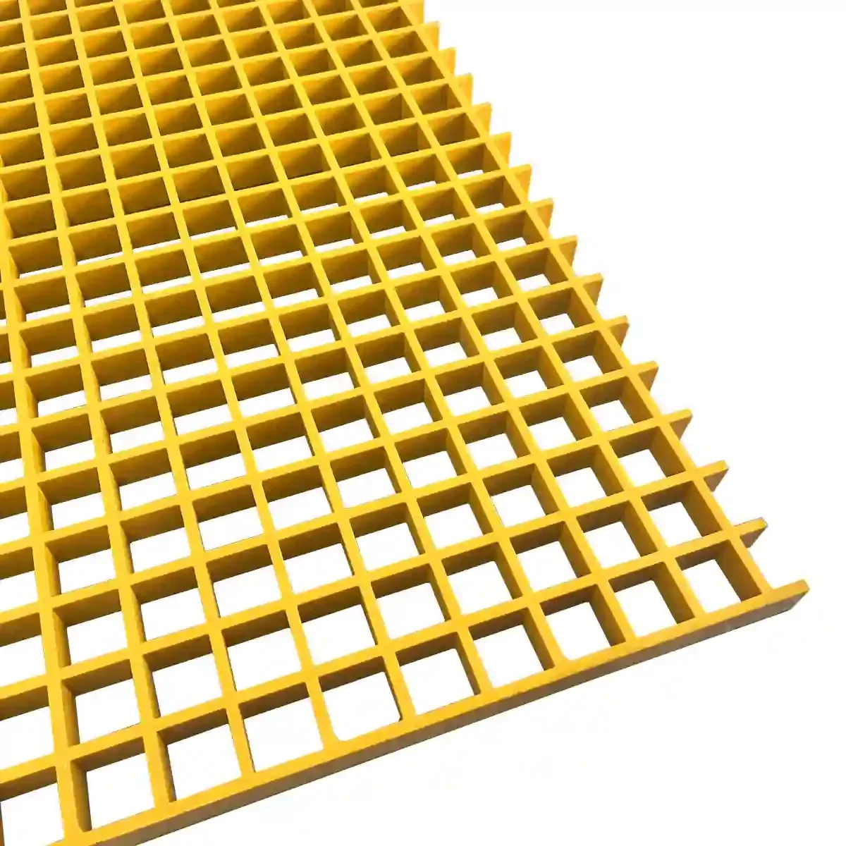 Yellow molded FRP grating panel with square openings, molded as one piece in both directions