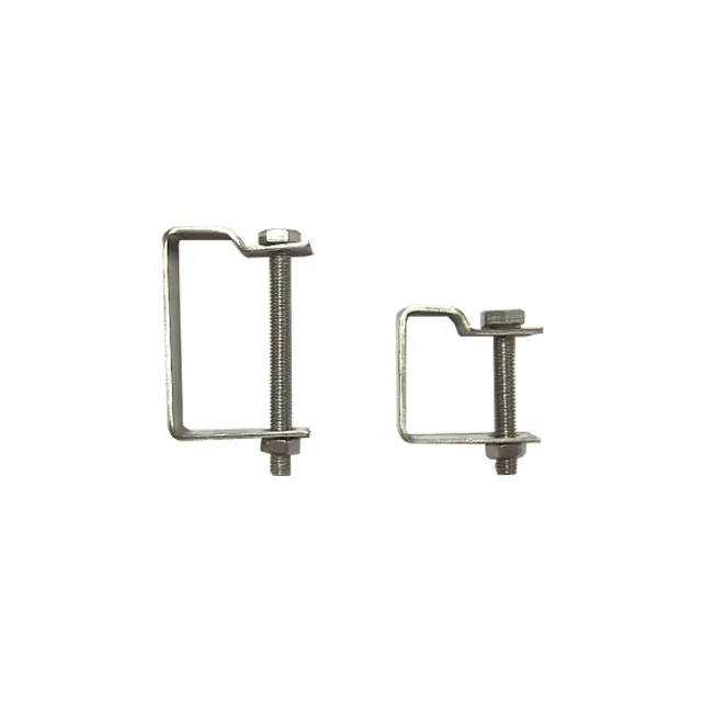 Two metal grating connectors of different lengths standing side by side, each with a bolt and nut