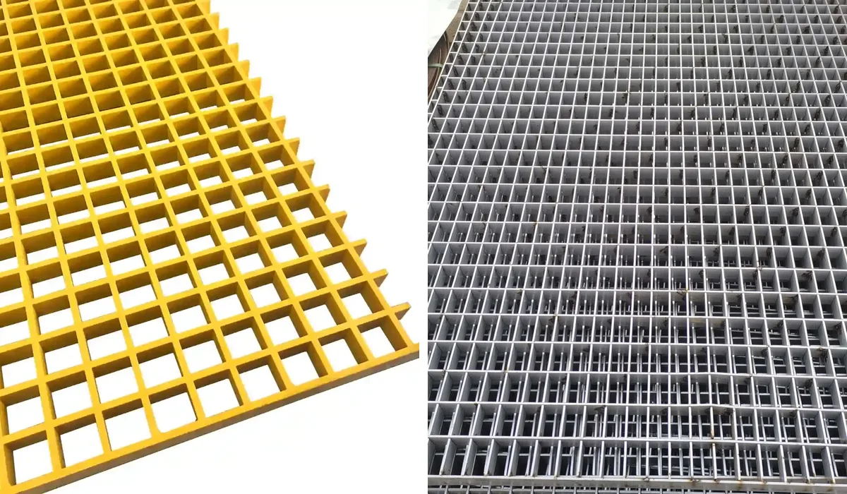 Split photo showing a yellow molded FRP grating panel beside stacked galvanized steel bar grating panels