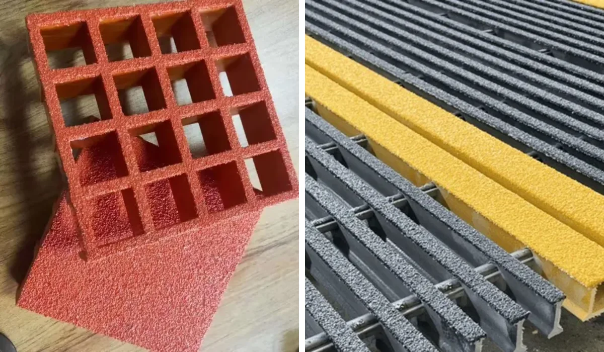 Split product photo showing a molded FRP grating sample on the left and pultruded bearing bars with cross rods on the right