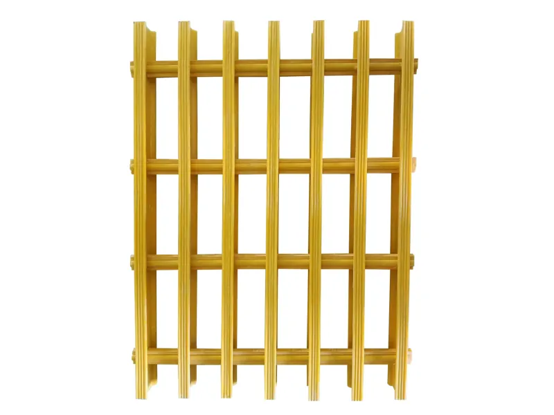 Yellow pultruded FRP grating with parallel bearing bars joined by cross rods